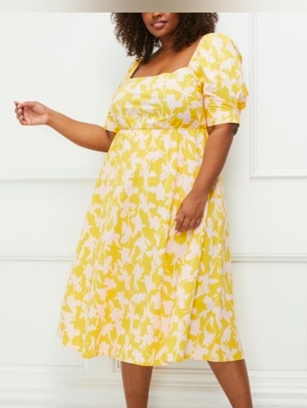 Eloquii Puff Sleeve Fit and Flare Yellow Floral Print Midi Dress Size 22